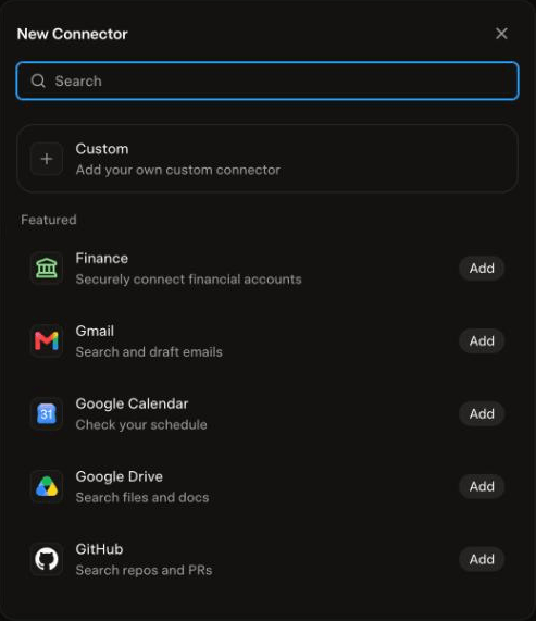 The Grok New Connector menu with Custom, Add your own custom connector, at the top