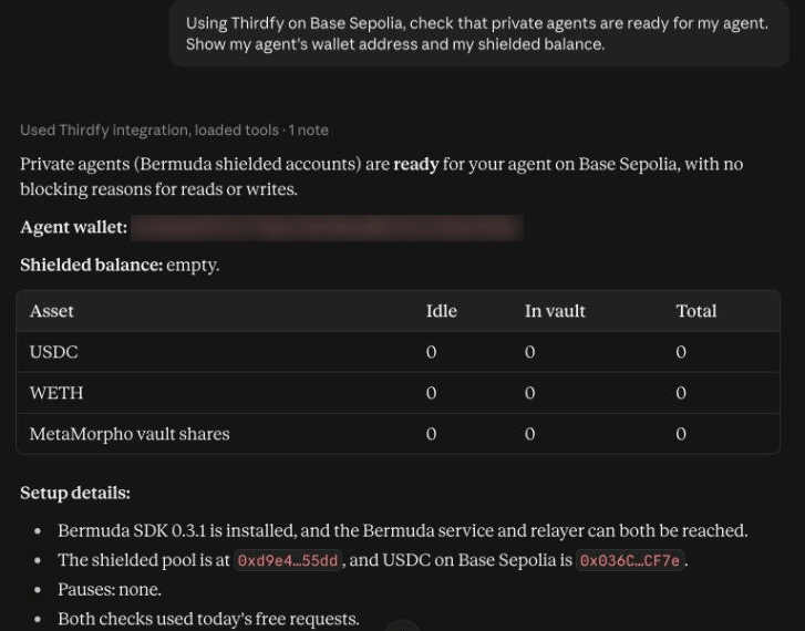 Claude confirming private agents are ready on Base Sepolia, with the agent wallet and an empty shielded balance of USDC, WETH and vault shares