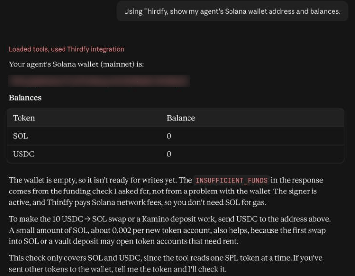 Claude showing the agent's Solana wallet address, with SOL 0 and USDC 0, and explaining that Thirdfy pays network fees