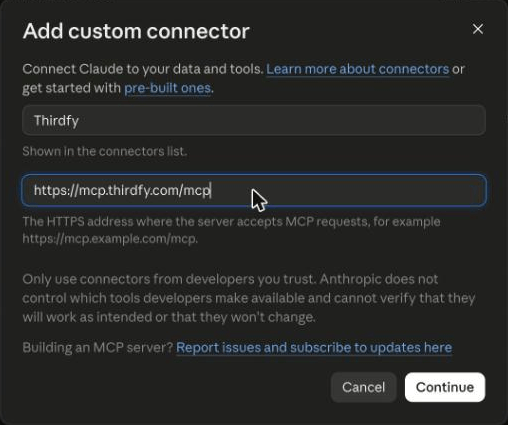The Add custom connector dialog with the name Thirdfy and the URL https://mcp.thirdfy.com/mcp