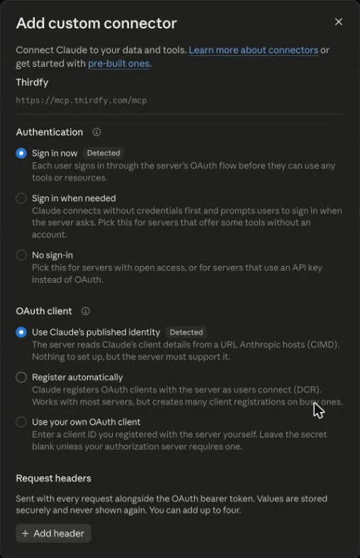 Claude detected the sign-in settings: Sign in now and Use Claude's published identity