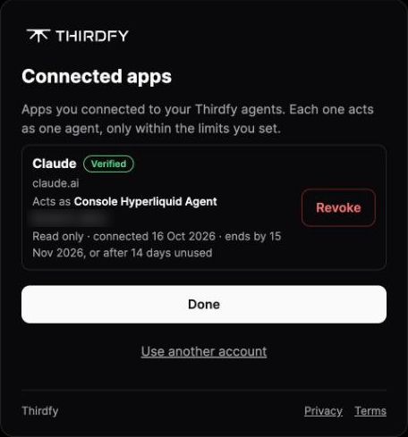 The Thirdfy Connected apps page showing Claude, verified, acting as one agent, with a Revoke button