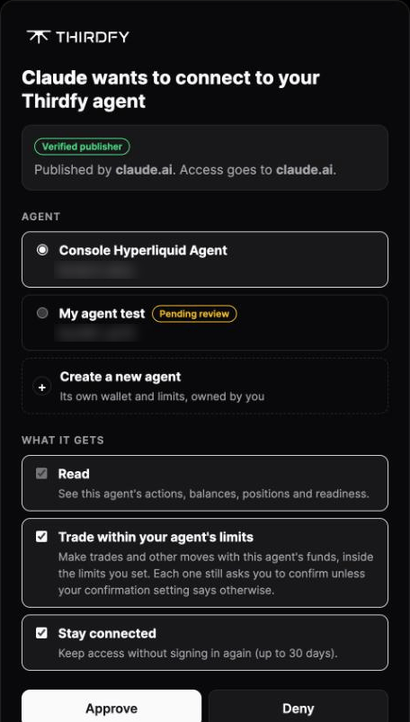The Thirdfy consent page with Read, Trade within your agent's limits and Stay connected all ticked, and Approve