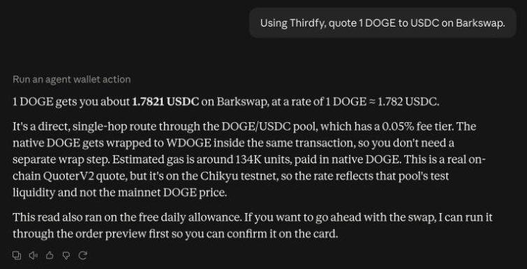 Claude quoting 1 DOGE to about 1.78 USDC on Barkswap through a direct pool