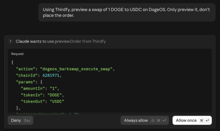 Claude asking to use previewOrder from Thirdfy, showing the request: dogeos_barkswap_execute_swap on chain 6281971, 1 DOGE to USDC
